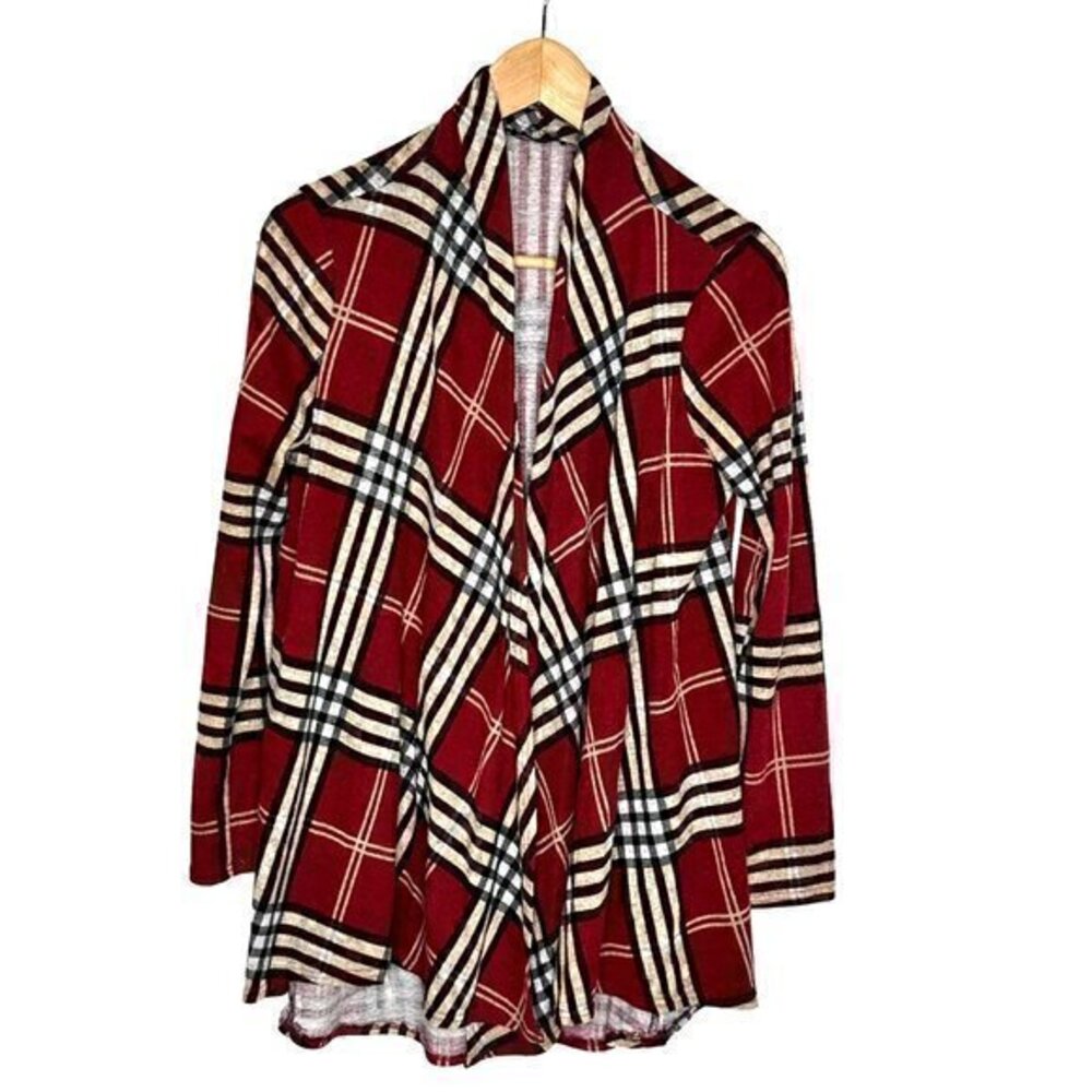 BomBom Womens Red, Cream, White and Black Plaid Open Cardigan Size S